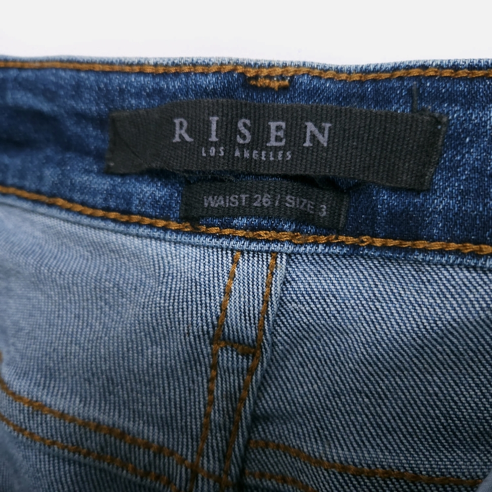 RISEN Los Angeles Flared Blue Jeans Distressed Patched Upcycled Denim Size 26 /3 - Picture 8 of 16